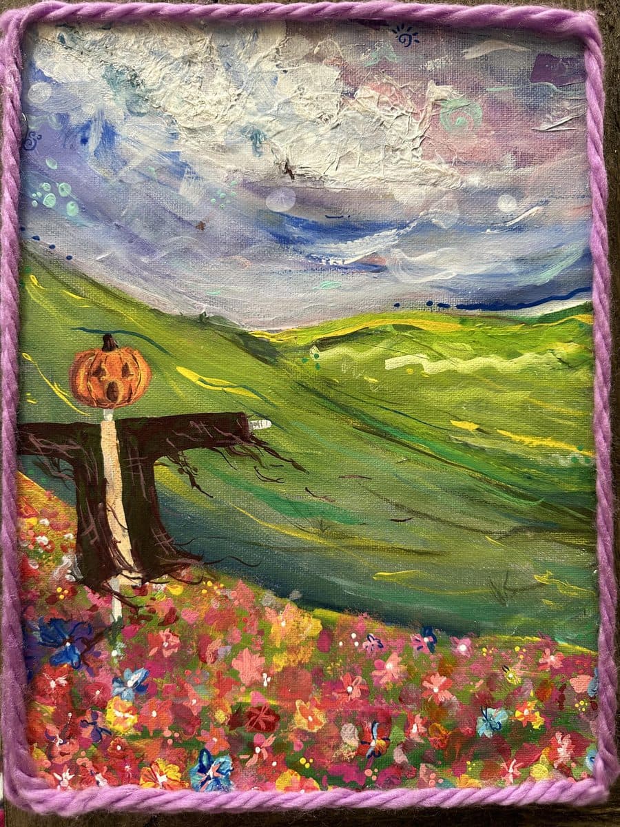 Autumn landscape with a tiny pumpkin stand