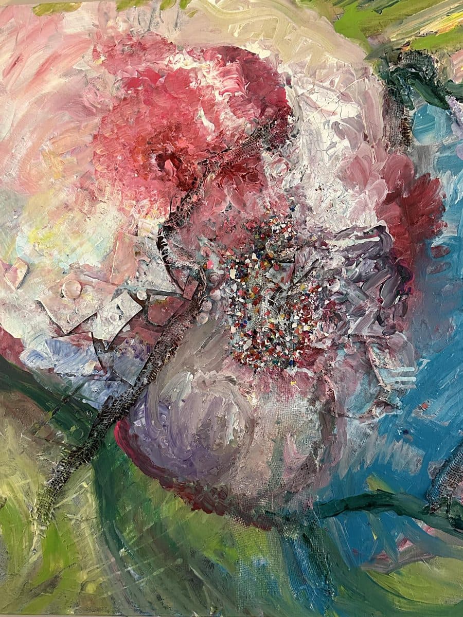 Abstract rose in reds and silvers